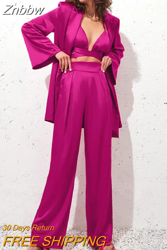 Znbbw Satin Women Jacket Blazer And Pants Suits Streetwear Ladies Two Piece Set 2023 Autumn Winter Office Elegant Suit Coat