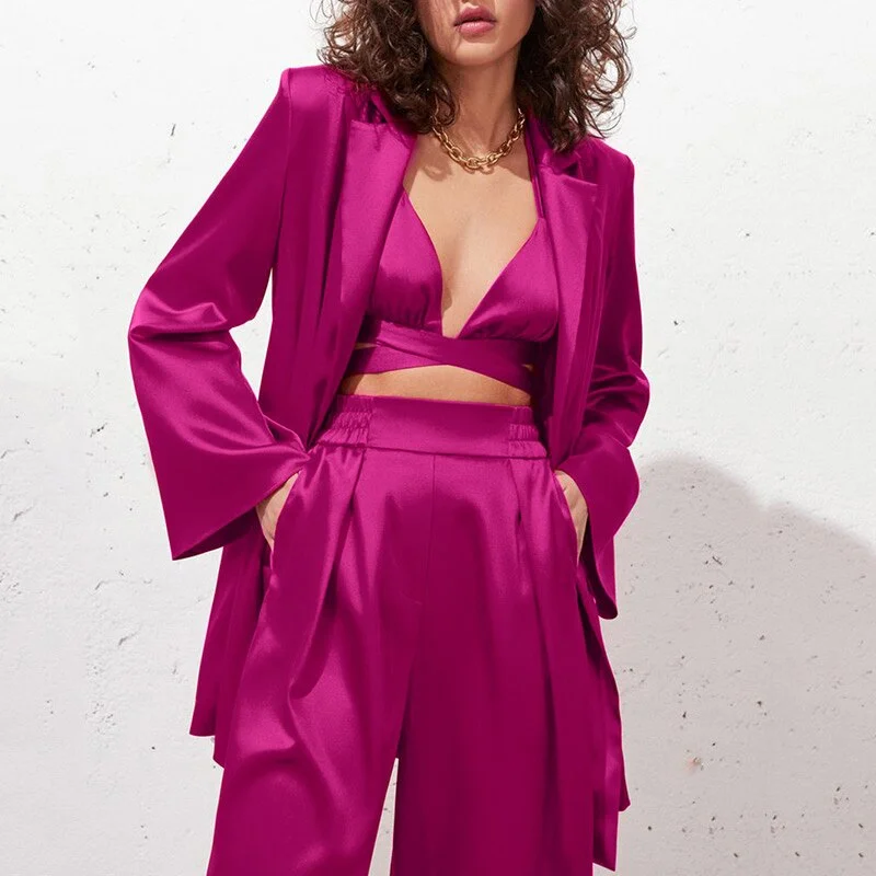 Znbbw Satin Women Jacket Blazer And Pants Suits Streetwear Ladies Two Piece Set 2023 Autumn Winter Office Elegant Suit Coat