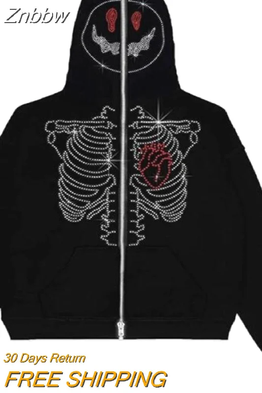 Znbbw Up Hoodie Rhinestone Gothic Sweatshirt Sport Coat Pullover Gothic Long Sleeve Oversized Hoodie Y2k Jacket Men Fashion Hoodie