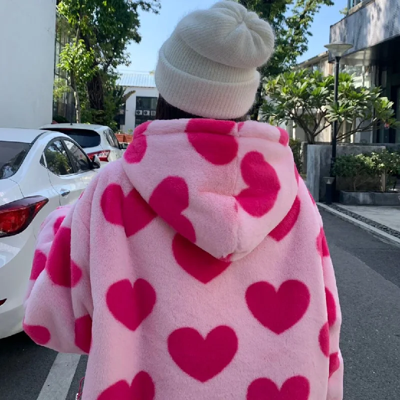 Znbbw Winter Thick Jackets Women Comfortable Sweet Loose Heart-shaped Print Hooded Coat Fashion Casual Warm Couple Tops Streetwear