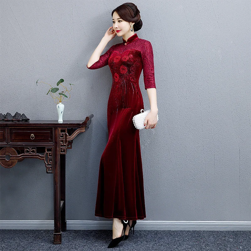 3/4 Sleeve Floral Embroidery Mermaid Velvet Cheongsam Mother Dress