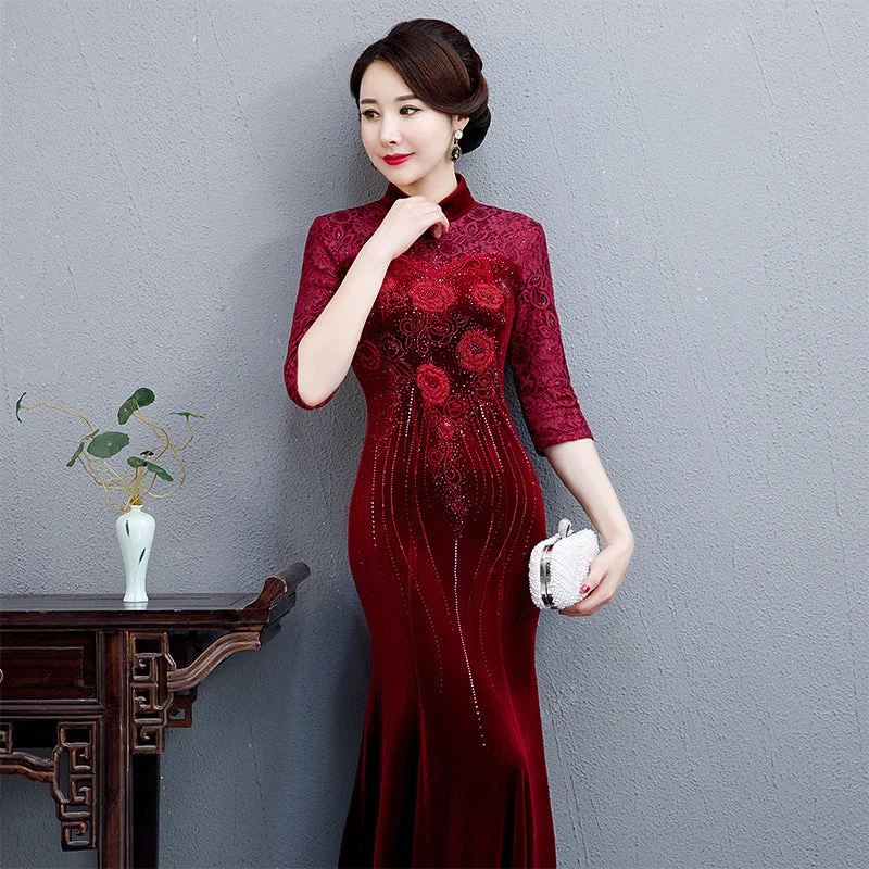 3/4 Sleeve Floral Embroidery Mermaid Velvet Cheongsam Mother Dress