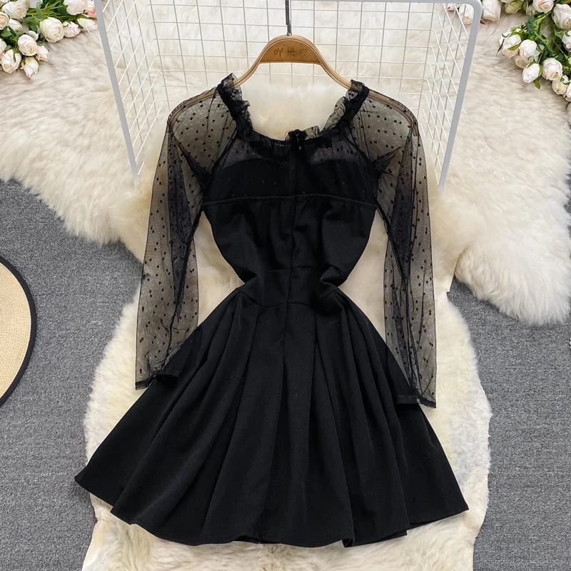 Black A Line Long Sleeve Short Dress Fashion Dress  10915