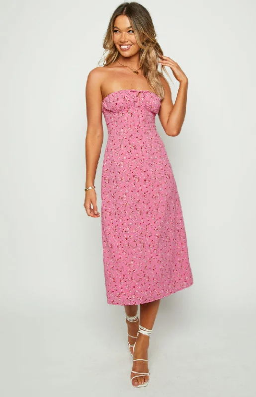 Dion Pink Floral Strapless Midi Dress