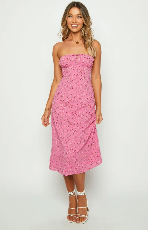 Dion Pink Floral Strapless Midi Dress