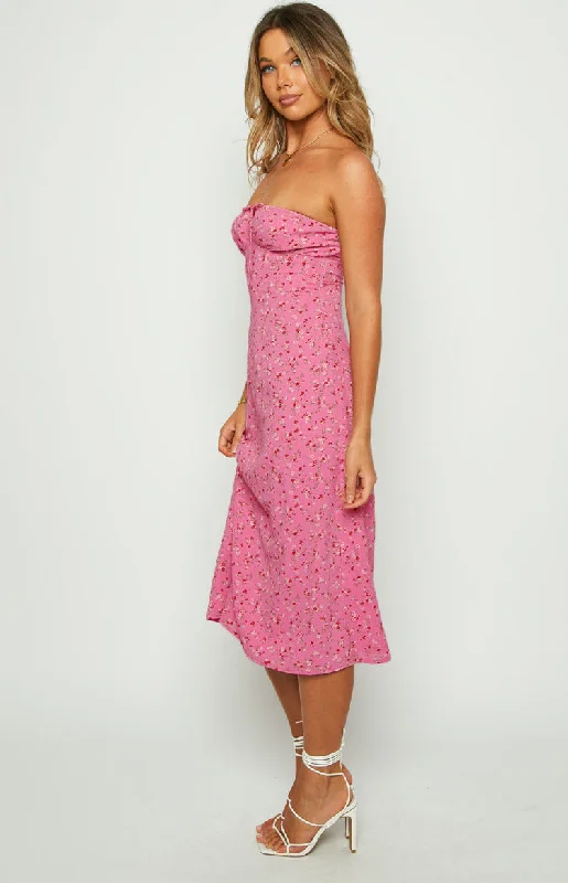 Dion Pink Floral Strapless Midi Dress