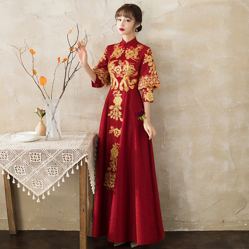 Dragon & Phoenix Embroidery Velvet Oriental Evening Dress with French Cuff