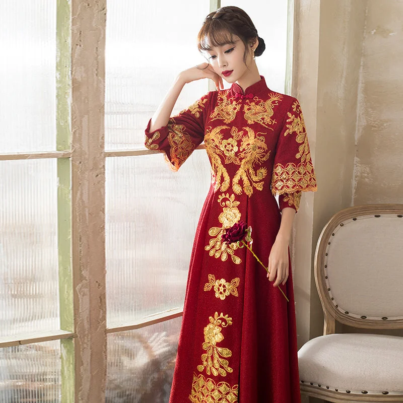 Dragon & Phoenix Embroidery Velvet Oriental Evening Dress with French Cuff