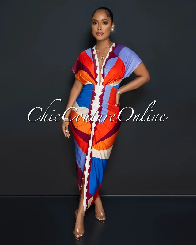 Ellender Red Multi-Color Print Deep V Neck Draped Maxi Dress