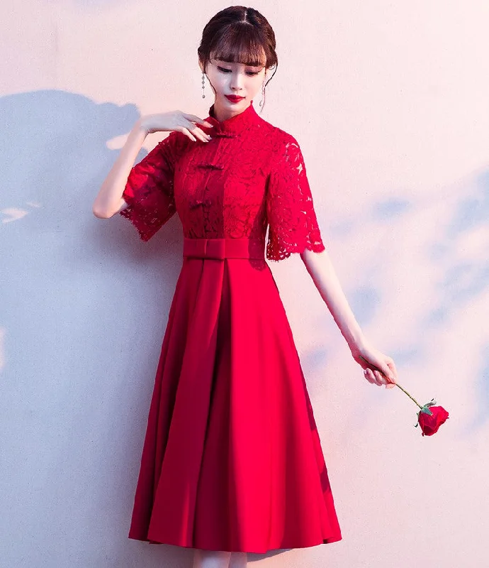 Floral Lace Top Pleated Skirt Tea Length Oriental Evening Dress