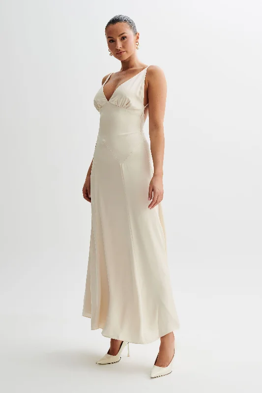 Kamala Low Back Satin Maxi Dress - Sand