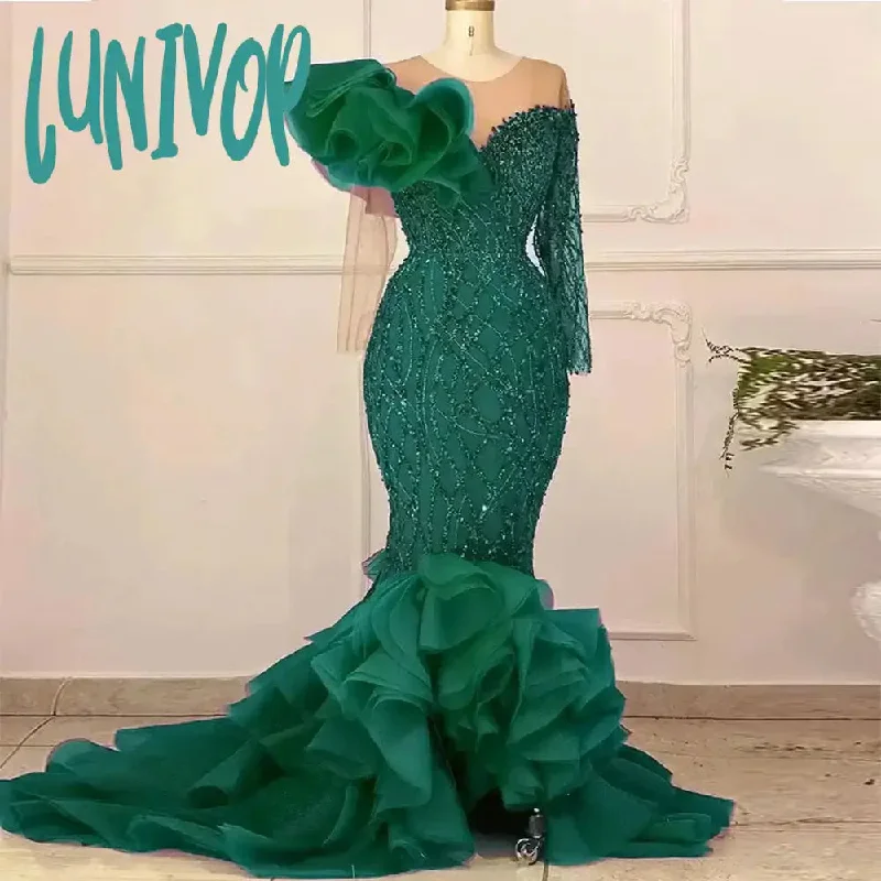 Lunivop Arabic Green Lace Mermaid Prom Dresses 2024 Sheer Neck Long Sleeves Evening Party Gowns Formal Occasion Robes De Soirée