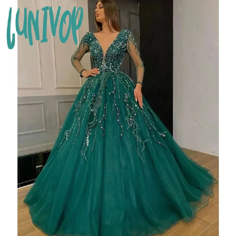 Lunivop Green Luxury Lace Applique Prom Dresses 2024  Sexy V-Neck Long Sleeve Tulle Celebrity Evening Gowns robes de soirée