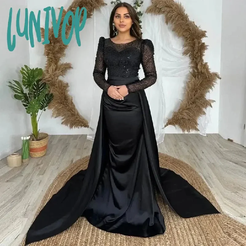 Lunivop Luxury Satin O Neck Prom Dresses Long Sleeves Mermaid Evening Dress Dark Green Party Gowns robe de soirée femal