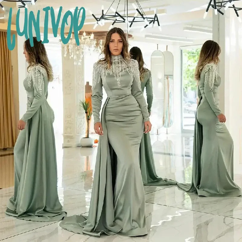 Lunivop Muslim Mermaid Prom Dresses 2024 Saudi Arabia Ondine Party Long Sleeves Women Evening Gowns High Neck robes de soirée