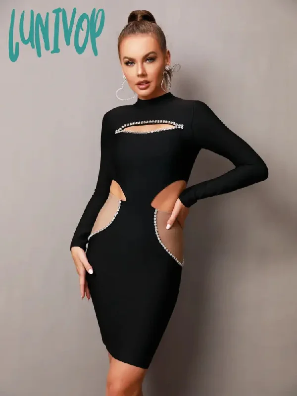 Lunivop Women Winter Sexy Long Sleeve Cut Out Beading Patchwork Black Mini Bodycon Bandage Dress Elegant Evening Club Party Dress