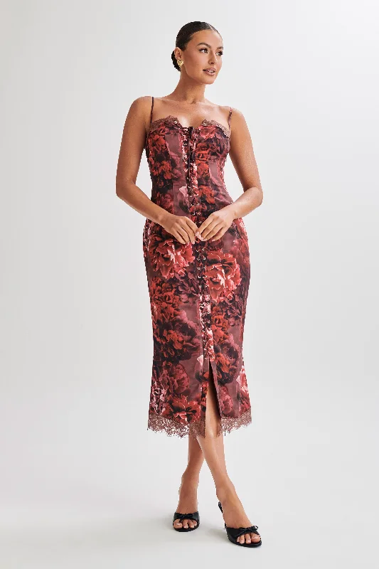 Makayla Midi Dress With Lace - Peony Print