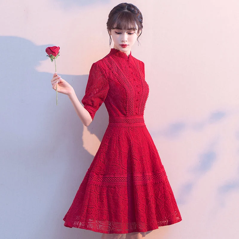 Mandarin Collar Half Sleeve Floral Lace Knee Length Oriental Evening Dress