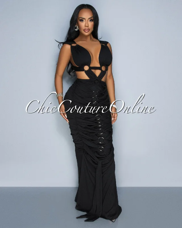 Monika Black Draped Cut-Out Maxi Dress