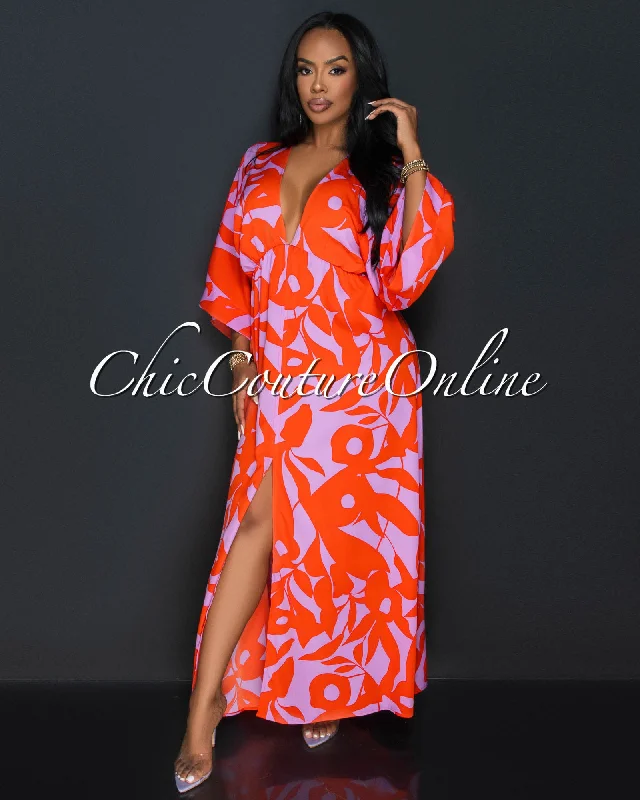 Odele Orange Lilac Wide Sleeve Maxi Dress