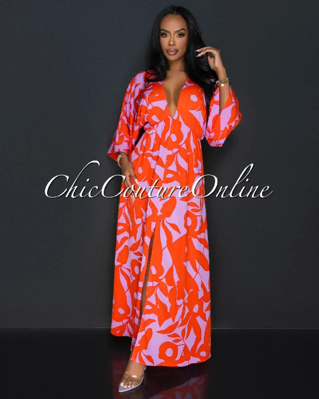 Odele Orange Lilac Wide Sleeve Maxi Dress