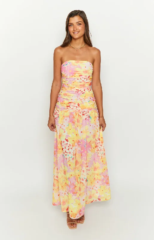 Sinclair Yellow Floral Print Strapless Maxi Dress