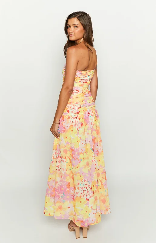 Sinclair Yellow Floral Print Strapless Maxi Dress