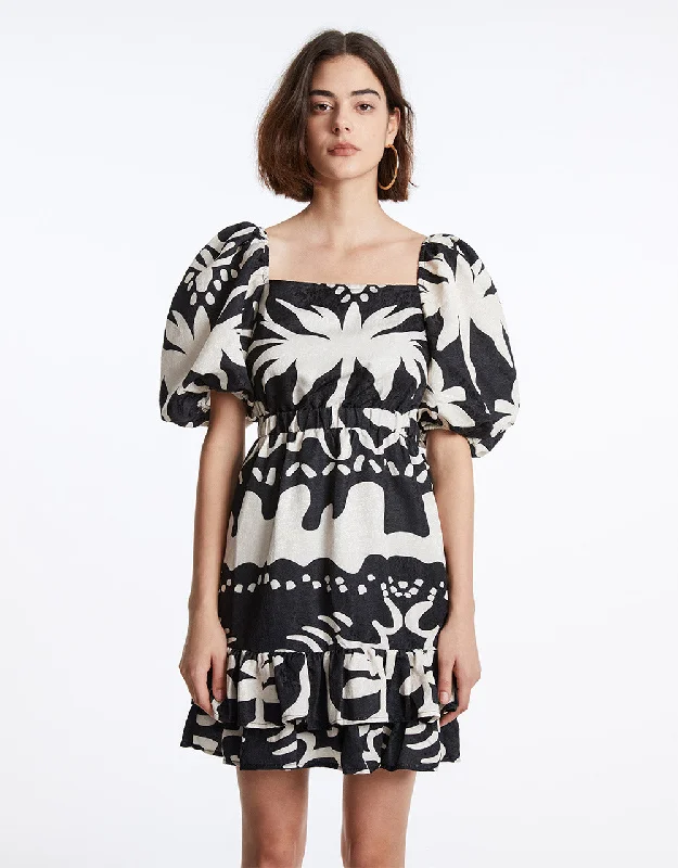 Allover Print Puff Sleeve Ruffle Hem Dress