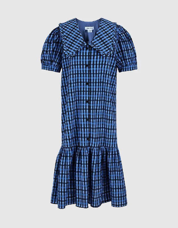 Plaid Puff Sleeve Ruffle Hem Dress