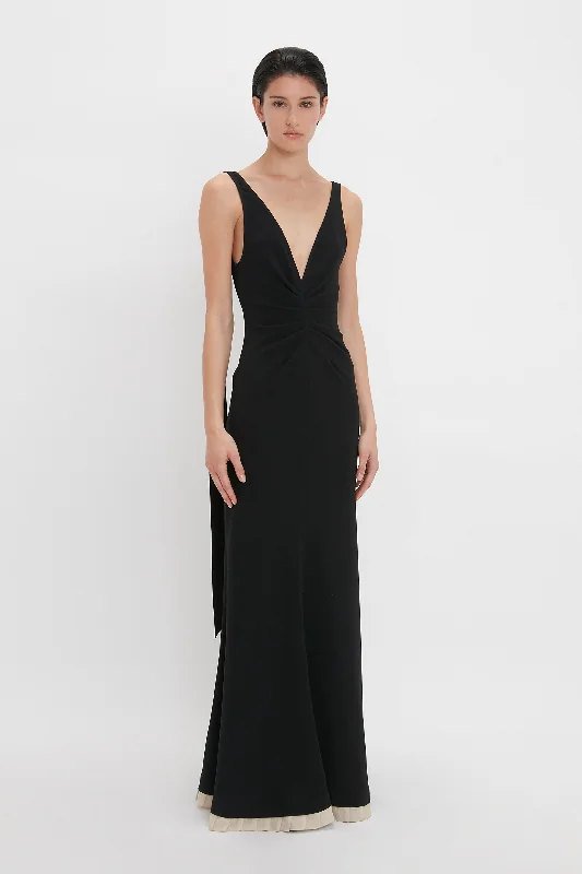 V-Neck Gathered Waist Floor-Length Gown In Black