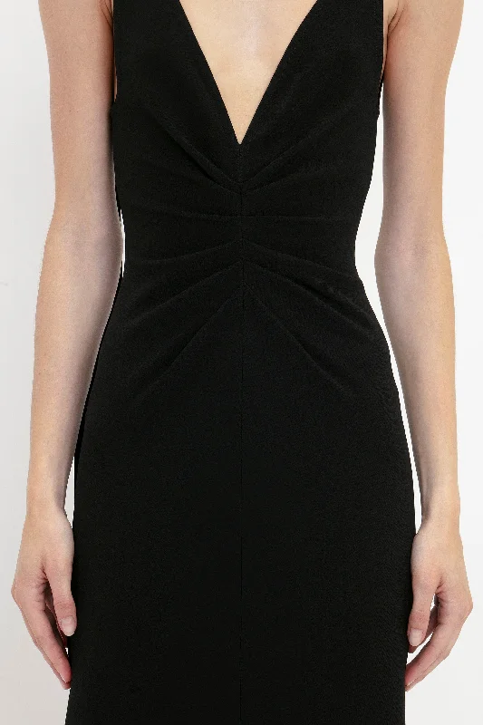 V-Neck Gathered Waist Floor-Length Gown In Black