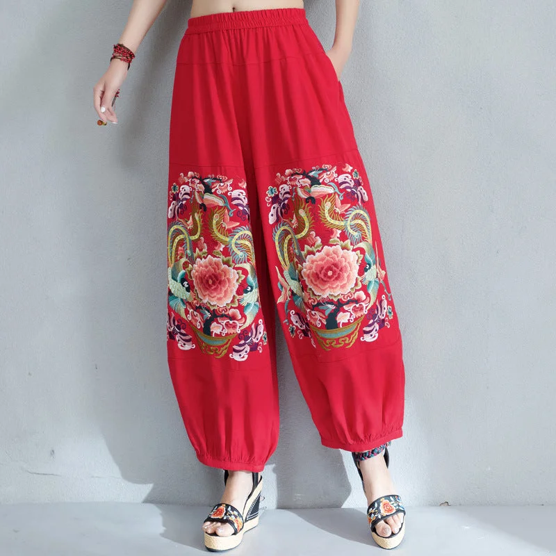 Floral Embroidery Signature Cotton Traditional Chinese Style Women's Loose Pants