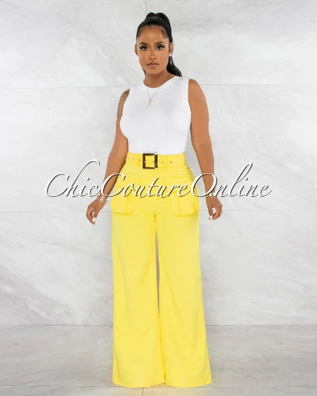 Harsha Yellow Gold Buckle Belt Cargo Pockets Wide Pants