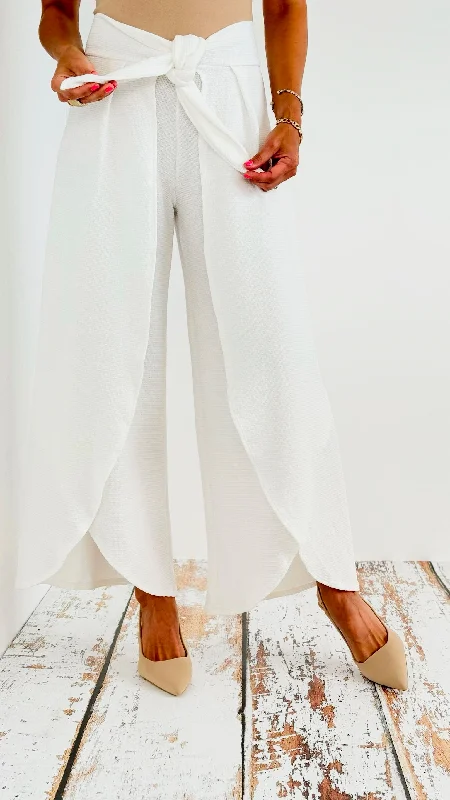 High-Waisted Split-Leg Pants with Front Tie - White