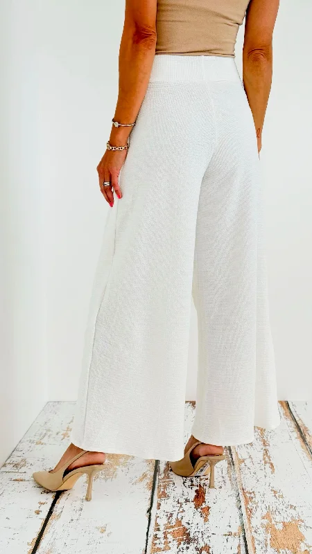 High-Waisted Split-Leg Pants with Front Tie - White