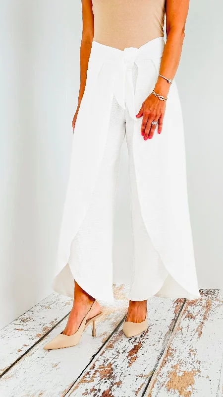 High-Waisted Split-Leg Pants with Front Tie - White