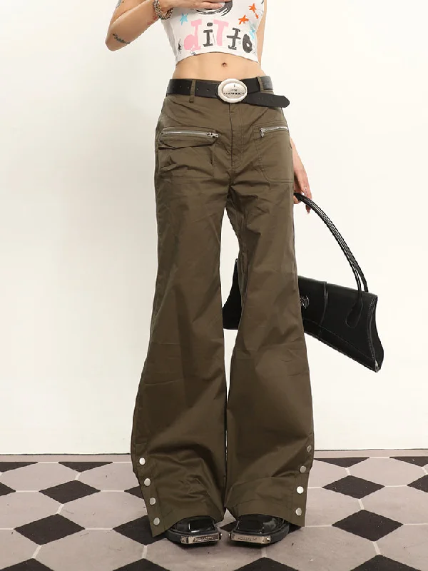 Keen Solid Color Multi-pocket Zippered Concealed Buckle Split Cargo Pants