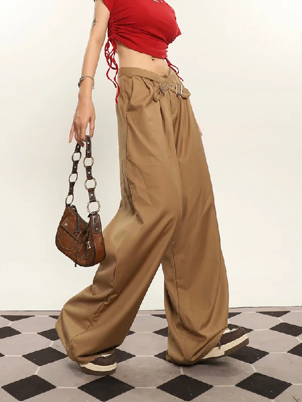 Lena Solid Color Brown Cross Belt Wide Leg High Waist Suit Pants