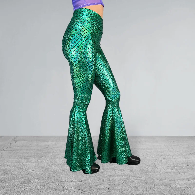 Mermaid Bell Bottoms - Green Metallic Mermaid Scales Costume Flare Pants