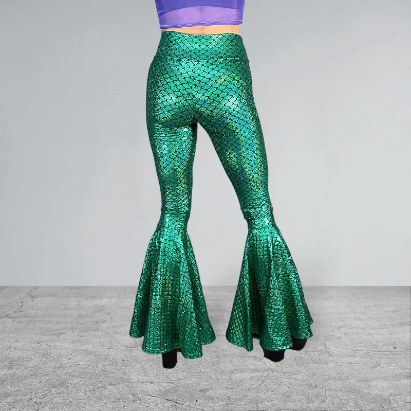 Mermaid Bell Bottoms - Green Metallic Mermaid Scales Costume Flare Pants