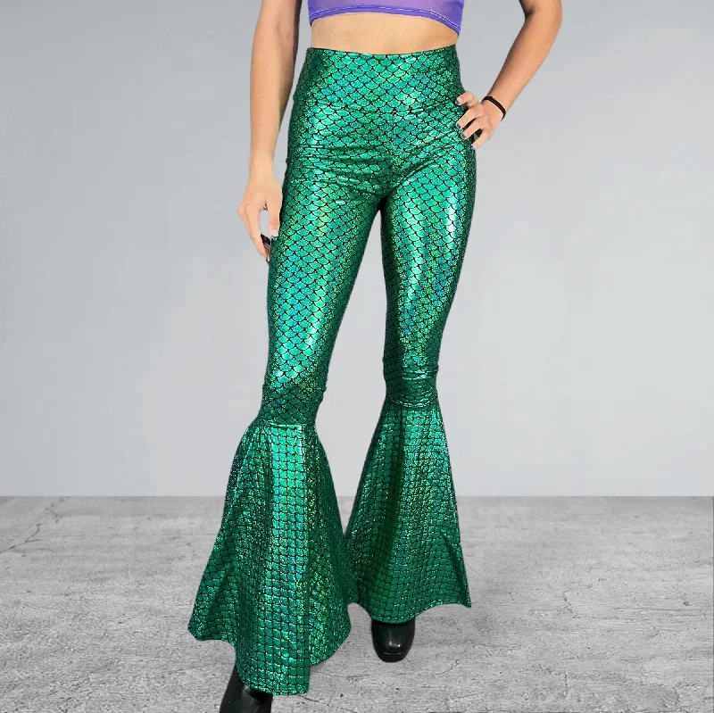 Mermaid Bell Bottoms - Green Metallic Mermaid Scales Costume Flare Pants