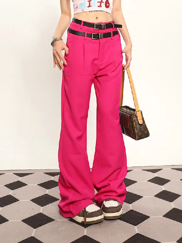 Mion Solid Color High Waist Double Belt Wide Leg Suit Pants