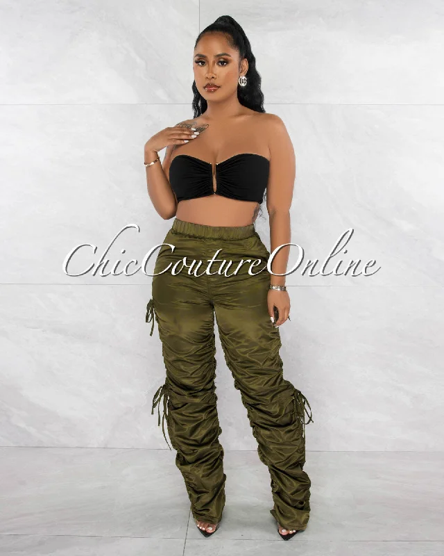 Nascar Olive Green Knee Key-Hole Ruched Parachute Pants