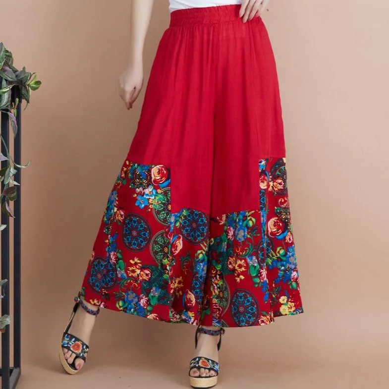 Plus Size Traditional Chinese Style Women's Floral Loose Pants