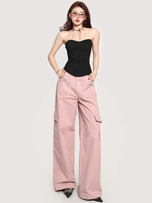 Viola Solid Color Pink High Waist Multi-Pocket Straight Leg Cargo Pants