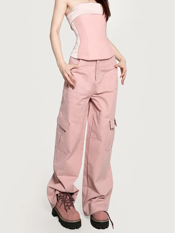 Viola Solid Color Pink High Waist Multi-Pocket Straight Leg Cargo Pants