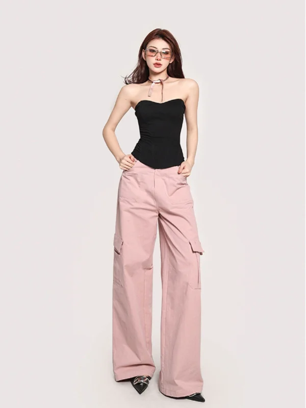 Viola Solid Color Pink High Waist Multi-Pocket Straight Leg Cargo Pants