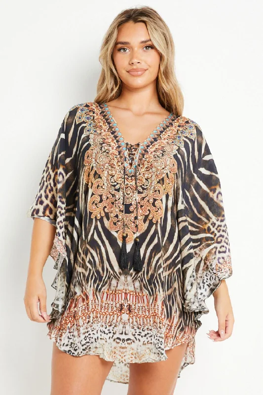 Aftershock London Animal Print Short Beach Dress Kaftan