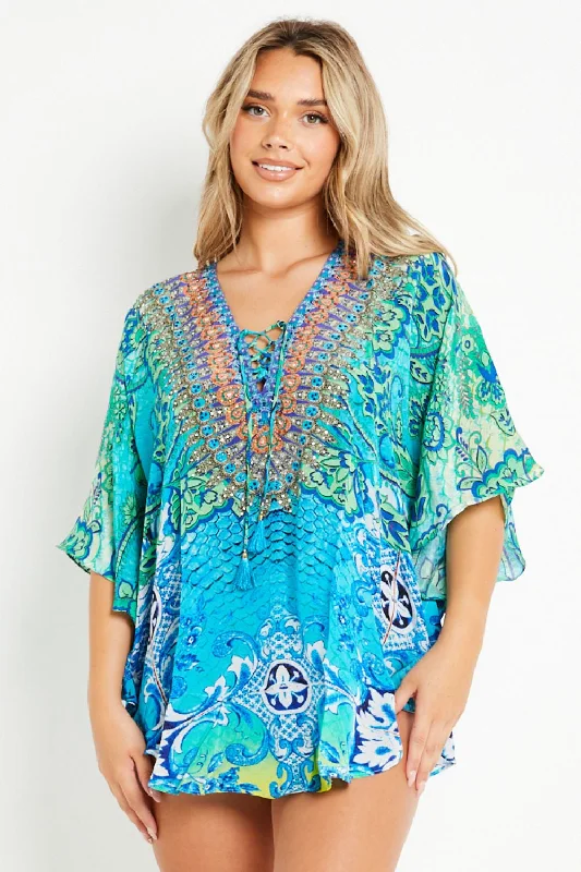 Aftershock London Aqua Blue Floral Short Beach Dress Kaftan