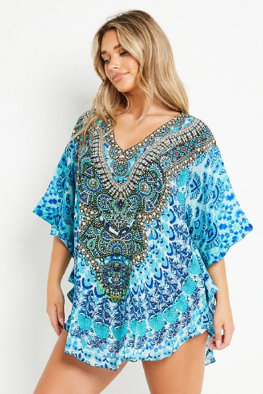 Aftershock London Aqua Blue Short Beach Dress Kaftan